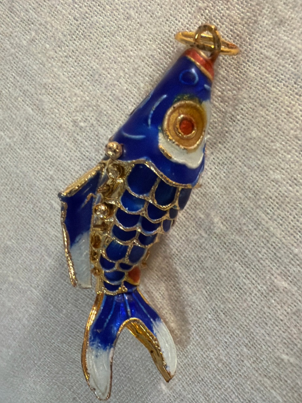 Vintage Cloisonne Blue Enamel & Gold Toned Articulated Koi Fish Pendant
